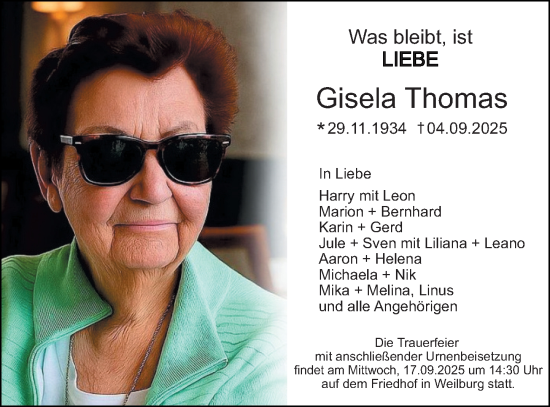 Traueranzeige von Gisela Thomas von Weilburger Tageblatt