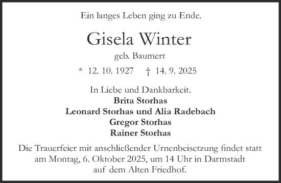 Traueranzeige von Gisela Winter von Darmstädter Echo Traueranzeige von Gisela Winter von Darmstädter Echo