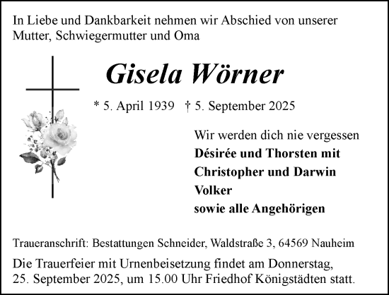 Traueranzeige von Gisela Wörner von Rüsselsheimer Echo