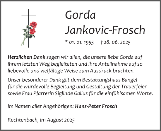Traueranzeige von Gorda Jankovic-Frosch von Wetzlarer Neue Zeitung