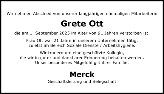Traueranzeige von Grete Ott von Darmstädter Echo