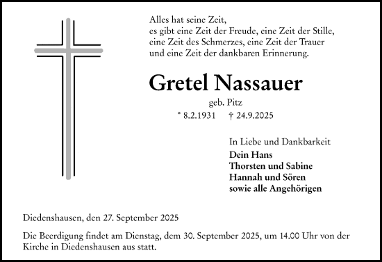 Traueranzeige von Gretel Nassauer von Hinterländer Anzeiger