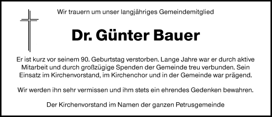 Traueranzeige von Günter Bauer von Darmstädter Echo