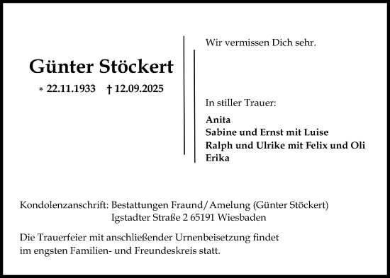 Traueranzeige von Günter Stöckert von Wiesbadener Kurier Traueranzeige von Günter Stöckert von Wiesbadener Kurier