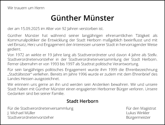 Traueranzeige von Günther Münster von Dill Block Traueranzeige von Günther Münster von Dill Block