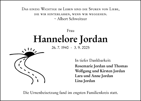 Traueranzeige von Hannelore Jordan von Weilburger Tageblatt