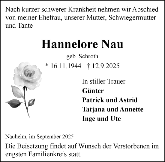 Traueranzeige von Hannelore Nau von Rüsselsheimer Echo