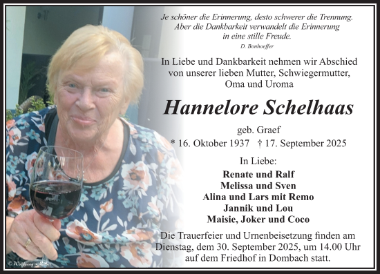 Traueranzeige von Hannelore Schelhaas von Camberger Anzeiger