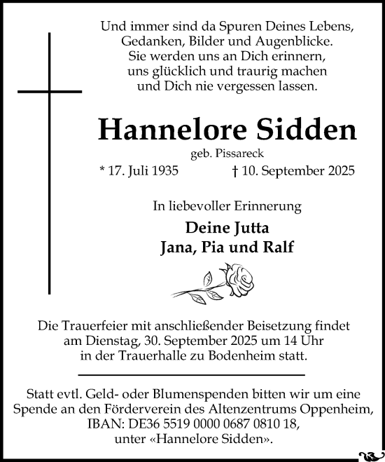 Traueranzeige von Hannelore Sidden von Allgemeine Zeitung Mainz Traueranzeige von Hannelore Sidden von Allgemeine Zeitung Mainz