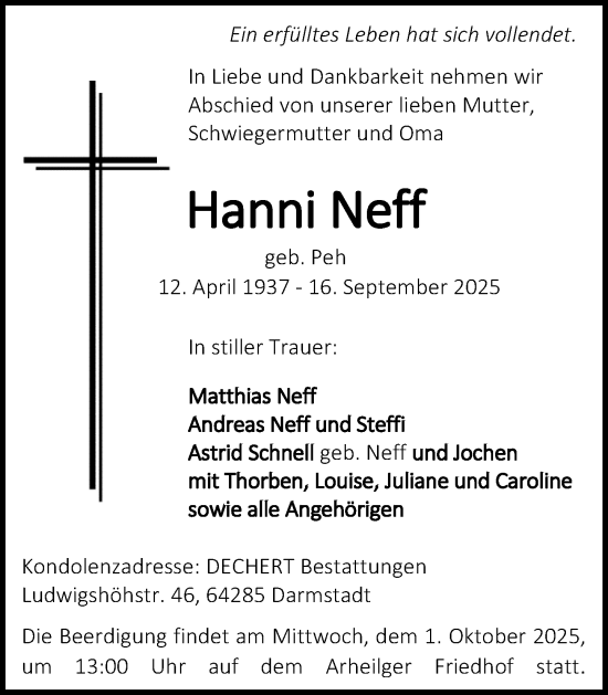 Traueranzeige von Hanni Neff von Darmstädter Echo Traueranzeige von Hanni Neff von Darmstädter Echo