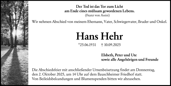 Traueranzeige von Hans Hehr von Rüsselsheimer Echo