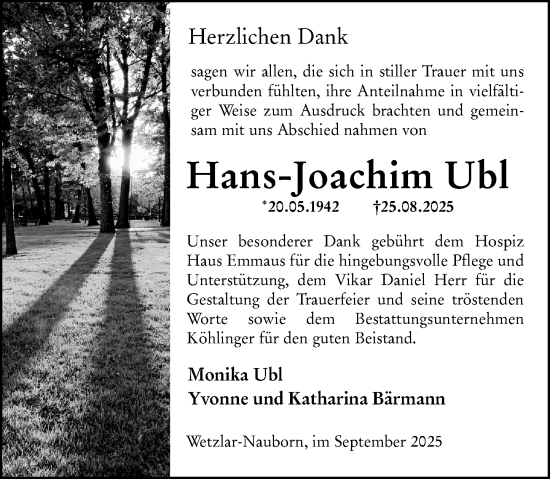 Traueranzeige von Hans-Joachim Ubl von Wetzlarer Neue Zeitung