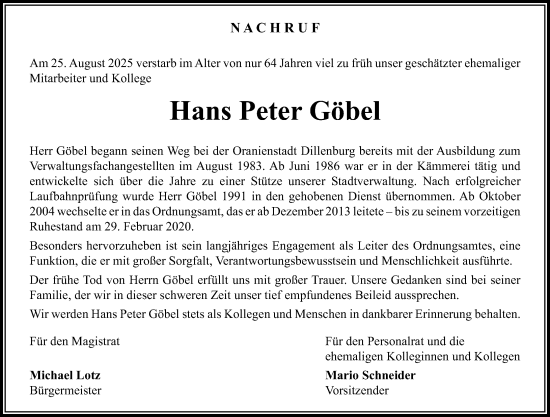 Traueranzeige von Hans Peter Göbel von Dill Block