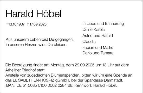 Traueranzeige von Harald Höbel von Darmstädter Echo Traueranzeige von Harald Höbel von Darmstädter Echo