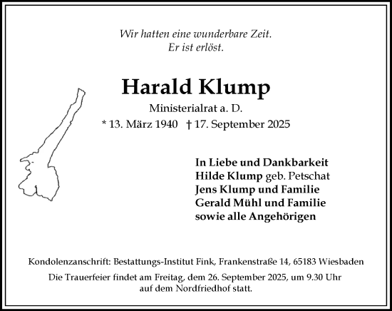 Traueranzeige von Harald Klump von Wiesbadener Kurier Traueranzeige von Harald Klump von Wiesbadener Kurier