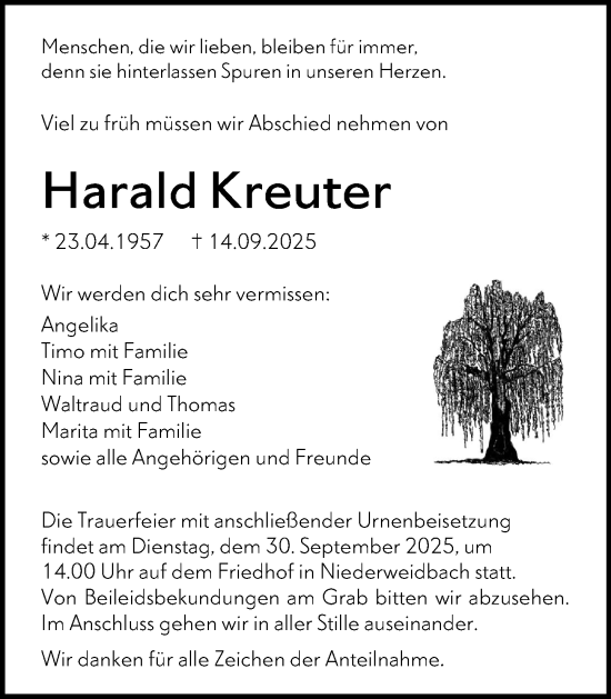 Traueranzeige von Harald Kreuter von Wetzlarer Neue Zeitung