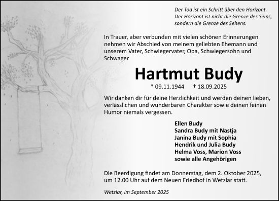 Traueranzeige von Hartmut Budy von Wetzlarer Neue Zeitung