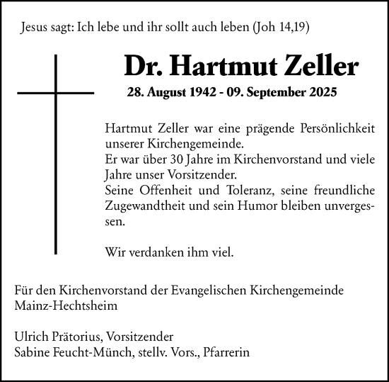 Traueranzeige von Hartmut Zeller von Allgemeine Zeitung Mainz