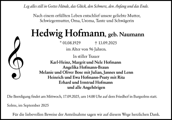 Traueranzeige von Hedwig Hofmann von Wetzlarer Neue Zeitung