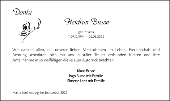 Traueranzeige von Heidrun Busse von Allgemeine Zeitung Mainz