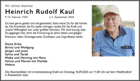 Traueranzeige von Heinrich Rudolf Kaul von Rüsselsheimer Echo