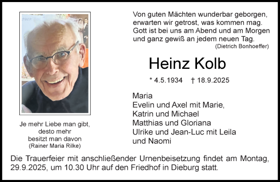 Traueranzeige von Heinz Kolb von Dieburger Anzeiger/Groß-Zimmerner Lokal-Anzeiger