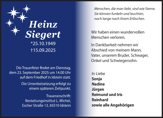 Traueranzeige von Heinz Siegert von Idsteiner Land/Untertaunus