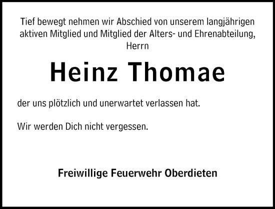 Traueranzeige von Heinz Thomae von Hinterländer Anzeiger