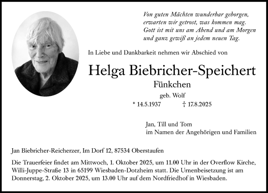 Traueranzeige von Helga Biebricher-Speichert von Wiesbadener Kurier