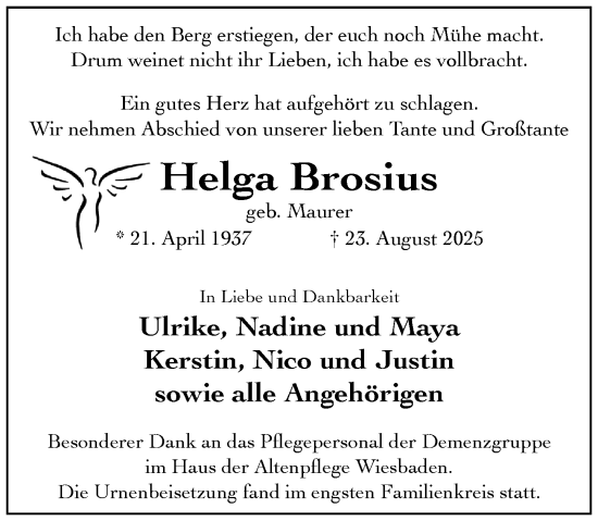 Traueranzeige von Helga Brosius von Wiesbadener Kurier Traueranzeige von Helga Brosius von Wiesbadener Kurier