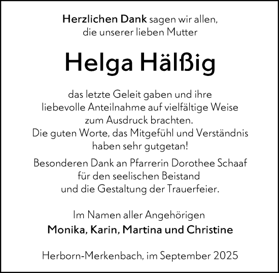 Traueranzeige von Helga Hälßig von Dill Block