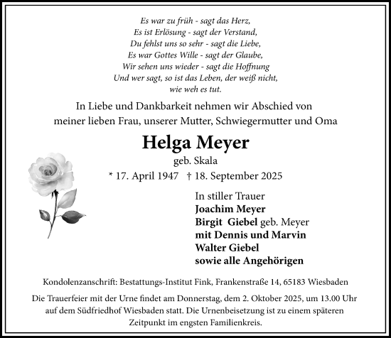 Traueranzeige von Helga Meyer von Wiesbadener Kurier Traueranzeige von Helga Meyer von Wiesbadener Kurier