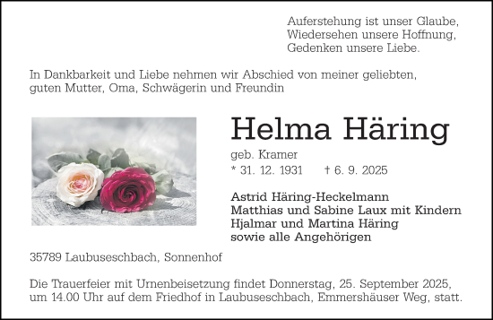 Traueranzeige von Helma Häring von Weilburger Tageblatt