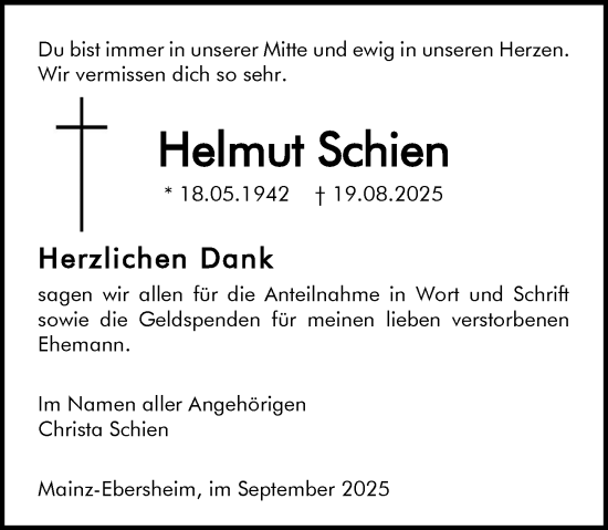 Traueranzeige von Helmut Schien von Allgemeine Zeitung Mainz