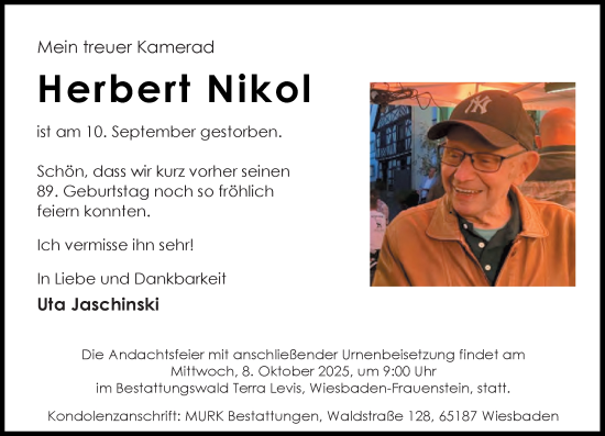 Traueranzeige von Herbert Nikol von Wiesbadener Kurier Traueranzeige von Herbert Nikol von Wiesbadener Kurier
