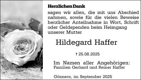 Traueranzeige von Hildegard Haffer von Hinterländer Anzeiger