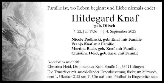 Traueranzeige von Hildegard Knaf von Binger-/Ingelheimer Wochenblatt Traueranzeige von Hildegard Knaf von Binger-/Ingelheimer Wochenblatt