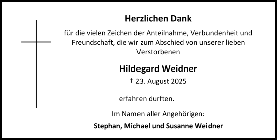 Traueranzeige von Hildegard Weidner von Allgemeine Zeitung Mainz Traueranzeige von Hildegard Weidner von Allgemeine Zeitung Mainz