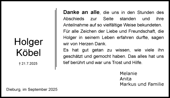 Traueranzeige von Holger Köbel von Dieburger Anzeiger/Groß-Zimmerner Lokal-Anzeiger
