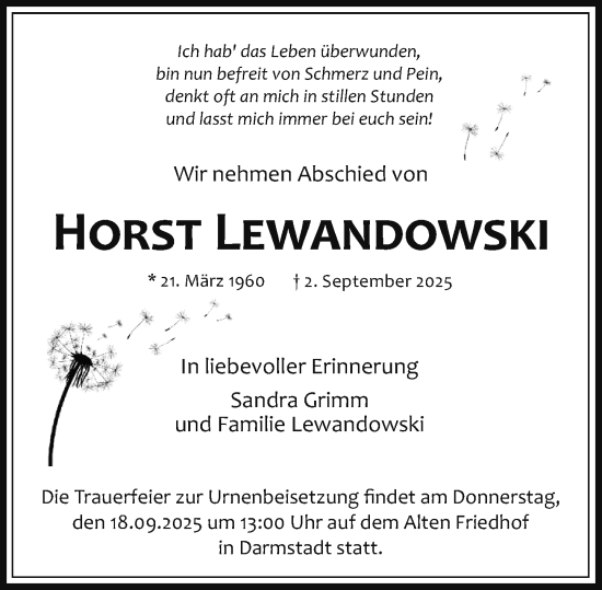 Traueranzeige von Horst Lewandowski von Darmstädter Echo