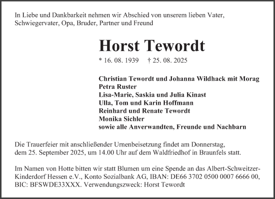 Traueranzeige von Horst Tewordt von Wetzlarer Neue Zeitung