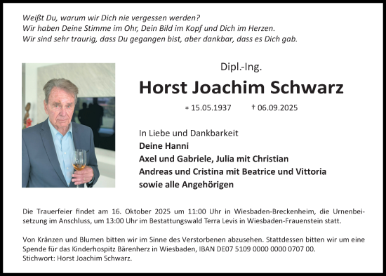 Traueranzeige von Horst Joachim Schwarz von Wiesbadener Kurier