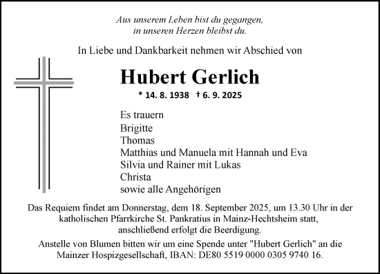 Traueranzeige von Hubert Gerlich von Allgemeine Zeitung Mainz