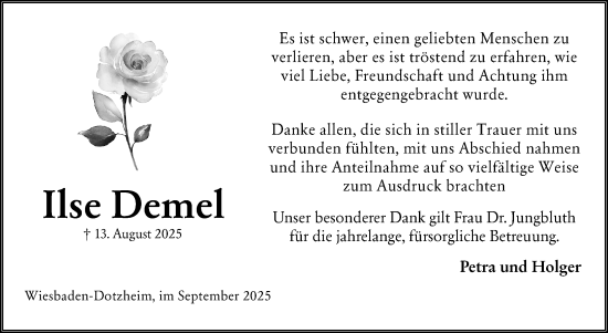 Traueranzeige von Ilse Demel von Wiesbadener Kurier