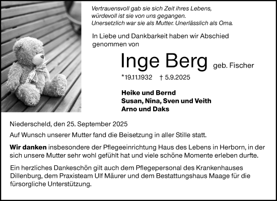 Traueranzeige von Inge Berg von Dill Block