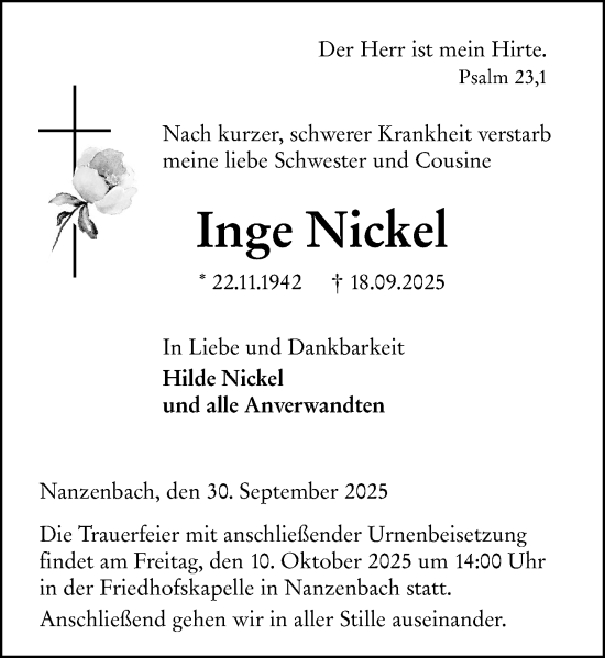 Traueranzeige von Inge Nickel von Dill Block