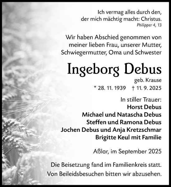 Traueranzeige von Ingeborg Debus von Wetzlarer Neue Zeitung Traueranzeige von Ingeborg Debus von Wetzlarer Neue Zeitung