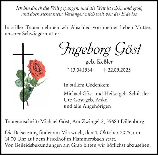 Traueranzeige von Ingeborg Göst von Dill Block Traueranzeige von Ingeborg Göst von Dill Block