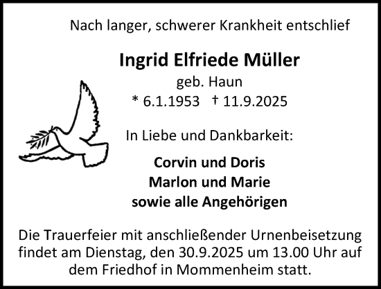 Traueranzeige von Ingrid Elfriede Müller von Allgemeine Zeitung Mainz Traueranzeige von Ingrid Elfriede Müller von Allgemeine Zeitung Mainz