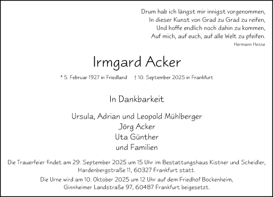 Traueranzeige von Irmgard Acker von Wiesbadener Kurier